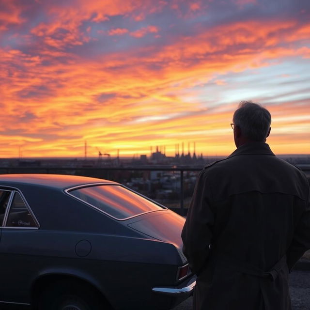 A middle-aged man from behind, dressed in a classic trench coat, stands beside his grey Opel Rekord