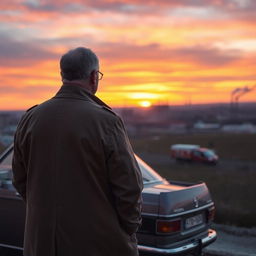 A middle-aged man from behind, dressed in a classic trench coat, stands beside his grey Opel Rekord