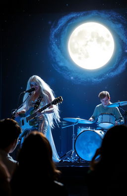 A band performing under a bright, full moon, with a mystical and enchanting atmosphere