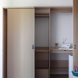 A cozy single bedroom featuring a sliding wardrobe, a single bed, and a foldable study table equipped with a shelf for book storage.