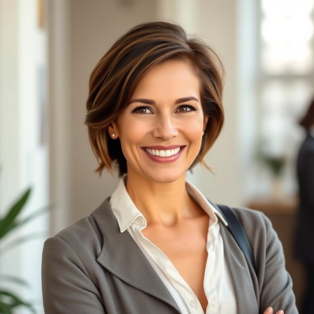 A beautiful American woman aged between 40 to 45 years with a fashionable hairstyle