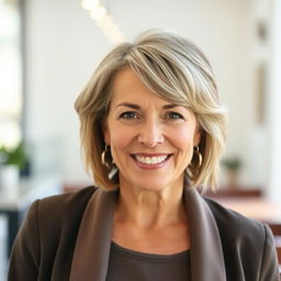 A beautiful American woman aged between 40 to 45 years with a fashionable hairstyle