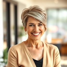 A beautiful American woman aged between 40 to 45 years with a fashionable hairstyle
