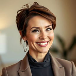 A beautiful American woman aged between 40 to 45 years, showcasing a fashionable hairstyle that is stylish yet modest