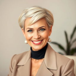 A beautiful American woman aged between 40 to 45 years, showcasing a fashionable hairstyle that is stylish yet modest