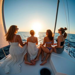 Three women seated on the deck of a sailboat, gazing out towards the horizon where the sky meets the ocean