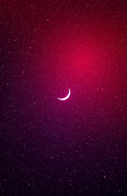 A breathtaking view of a red sky filled with countless shining stars, featuring a prominent crescent moon in the center