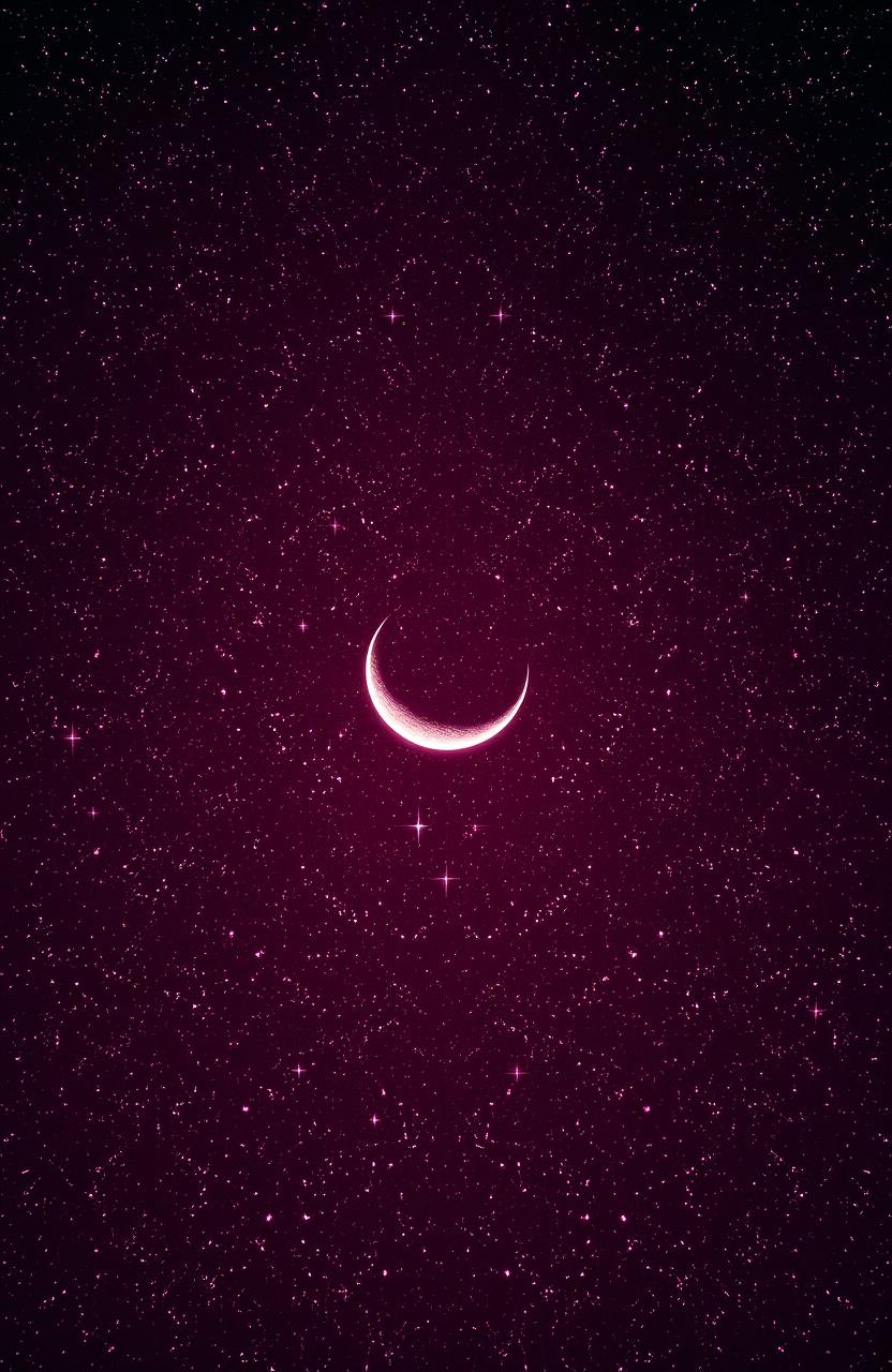 A breathtaking view of a red sky filled with countless shining stars, featuring a prominent crescent moon in the center