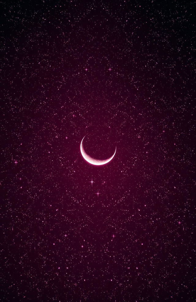 A breathtaking view of a red sky filled with countless shining stars, featuring a prominent crescent moon in the center