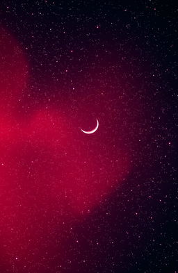 A breathtaking view of a red sky filled with countless shining stars, featuring a prominent crescent moon in the center