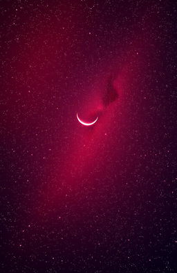 A breathtaking view of a red sky filled with countless shining stars, featuring a prominent crescent moon in the center