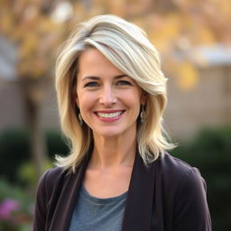 A beautiful American woman aged 40 to 45 with a fashionable hairstyle, shown in full body