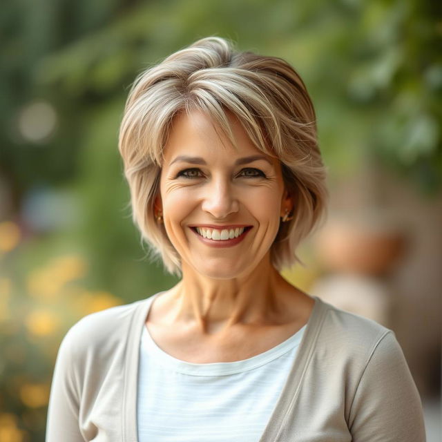 A beautiful American woman aged 40 to 45 with a fashionable hairstyle, shown in full body