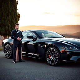 A stunning landscape-oriented image of a luxury car showcased in an elegant outdoor setting, measuring 1600x900 pixels