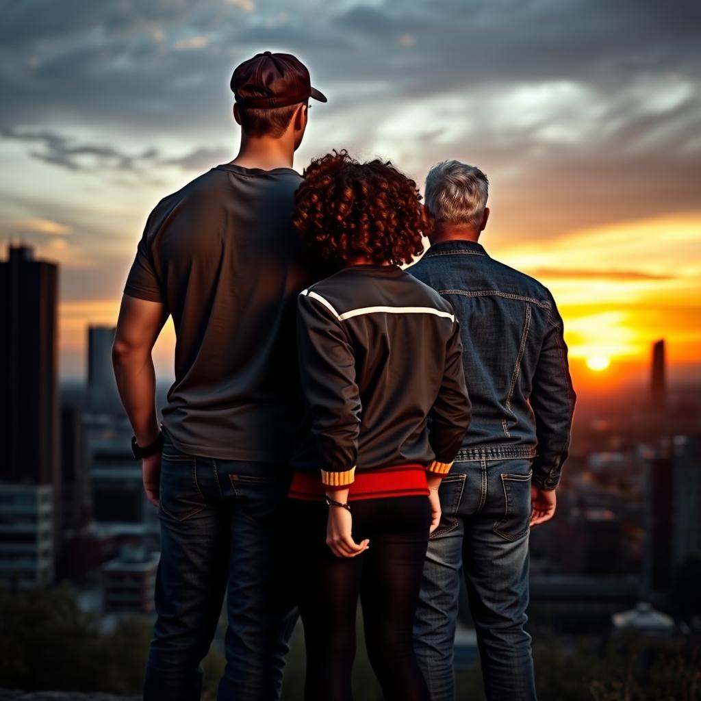 A tall, muscular man with short hair wearing a dockworker's hat, a fitted T-shirt, and jeans stands next to a young, curly-haired girl dressed in a varsity jacket and black leggings