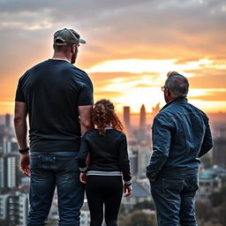 A tall, muscular man with short hair wearing a dockworker's hat, a fitted T-shirt, and jeans stands next to a young, curly-haired girl dressed in a varsity jacket and black leggings