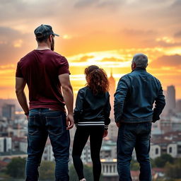 A tall, muscular man with short hair wearing a dockworker's hat, a fitted T-shirt, and jeans stands next to a young, curly-haired girl dressed in a varsity jacket and black leggings
