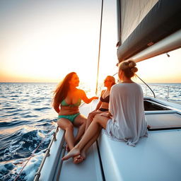 Three women seated on a sailboat, facing the horizon