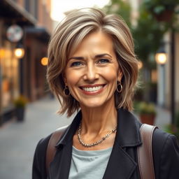 A beautiful American woman aged 40 to 45 with a fashionable hairstyle, shown in full body