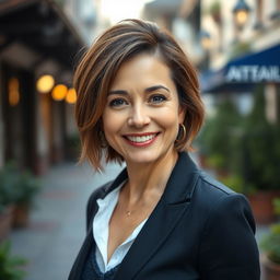 A beautiful American woman aged 40 to 45 with a fashionable hairstyle, shown in full body