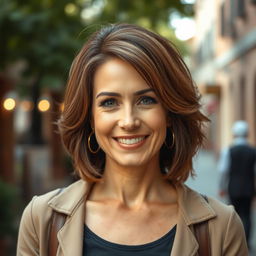 A beautiful American woman aged 40 to 45 with a fashionable hairstyle, shown in full body