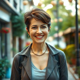 A beautiful American woman aged 40 to 45 with a fashionable hairstyle, shown in full body