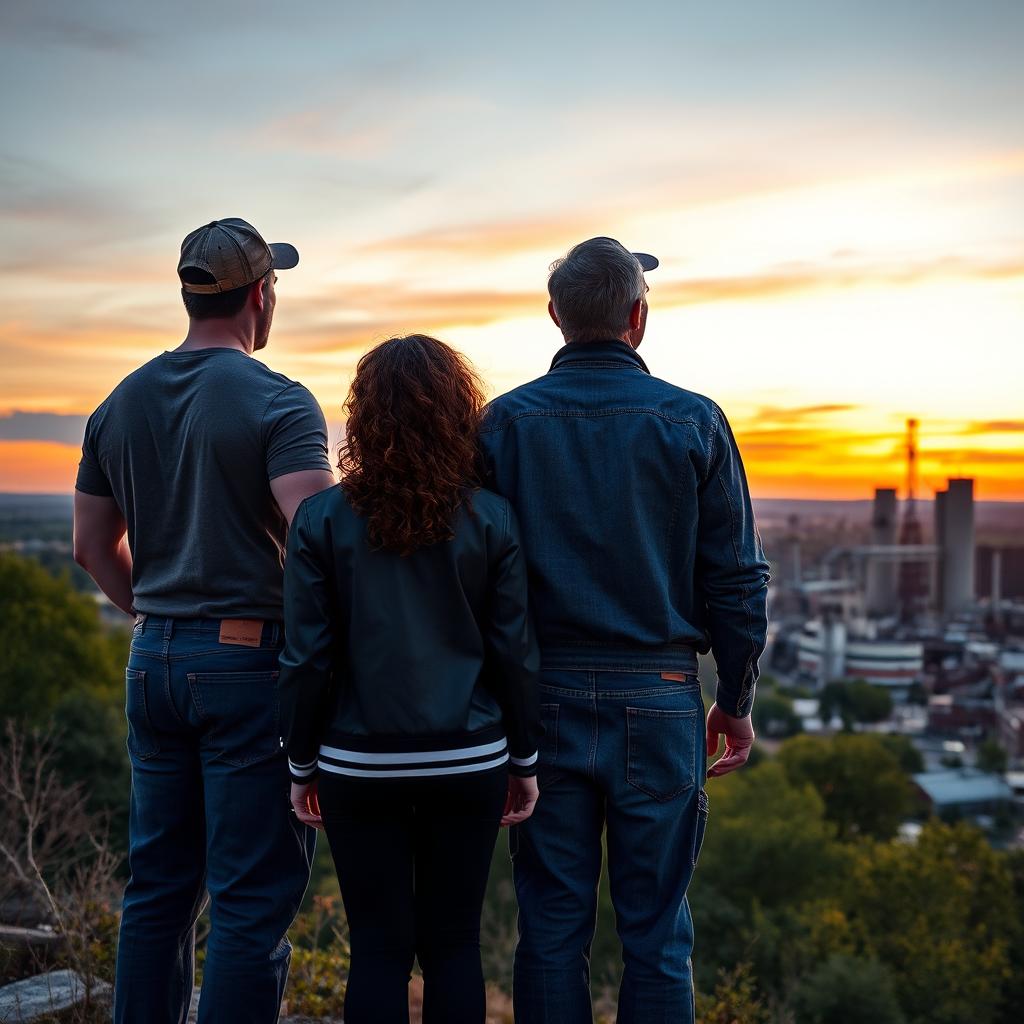 A tall, muscular man with short hair wearing a dockworker's hat, a fitted T-shirt, and jeans stands beside a young, curly-haired girl in a varsity jacket and black leggings