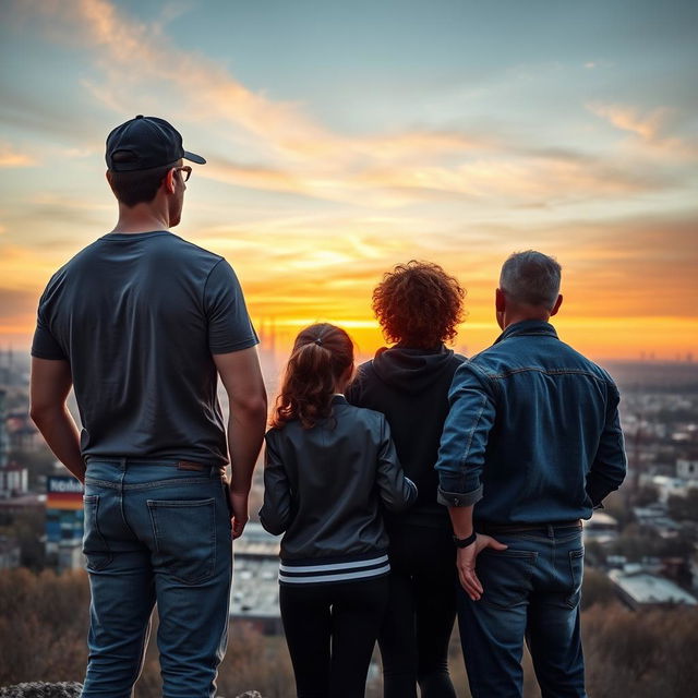 A tall, muscular man with short hair wearing a dockworker's hat, a fitted T-shirt, and jeans stands beside a young, curly-haired girl in a varsity jacket and black leggings