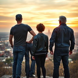 A tall, muscular man with short hair wearing a dockworker's hat, a fitted T-shirt, and jeans stands beside a young, curly-haired girl in a varsity jacket and black leggings