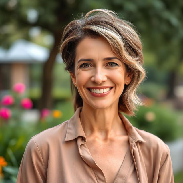 A beautiful American woman aged 40 to 45 with a fashionable hairstyle, shown in full body