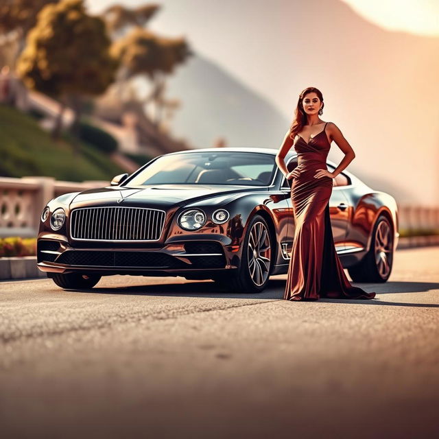 A striking landscape-oriented image of a luxury car parked elegantly, featuring a well-dressed woman standing confidently next to it