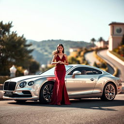 A striking landscape-oriented image of a luxury car parked elegantly, featuring a well-dressed woman standing confidently next to it