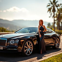 A striking landscape-oriented image of a luxury car parked elegantly, featuring a well-dressed woman standing confidently next to it