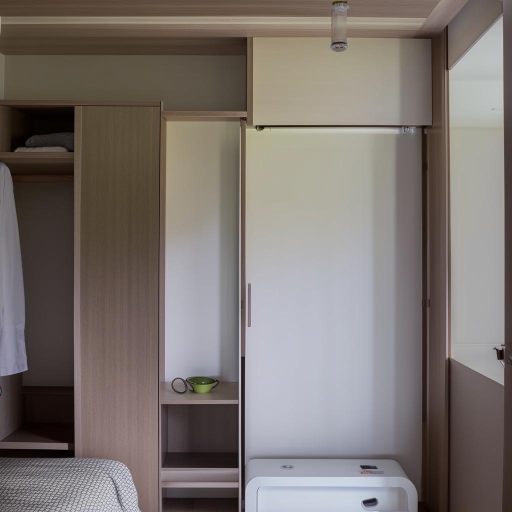 A cozy single bedroom featuring a sliding wardrobe, a single bed, and a foldable study table equipped with a shelf for book storage.