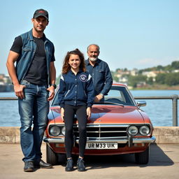 A tall, muscular man with short hair, wearing a dockworker's hat, a fitted T-shirt, and jeans, poses alongside a young, curly-haired girl dressed in a varsity jacket and black leggings