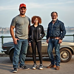 A tall, muscular man with short hair, wearing a dockworker's hat, a fitted T-shirt, and jeans, poses alongside a young, curly-haired girl dressed in a varsity jacket and black leggings