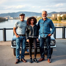 A tall, muscular man with short hair, wearing a dockworker's hat, a fitted T-shirt, and jeans, poses alongside a young, curly-haired girl dressed in a varsity jacket and black leggings