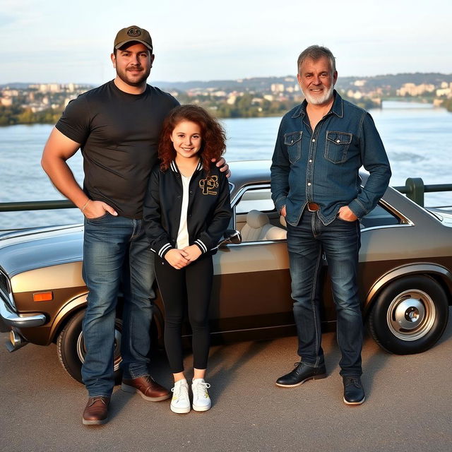 A tall, muscular man with short hair, wearing a dockworker's hat, a fitted T-shirt, and jeans, poses alongside a young, curly-haired girl dressed in a varsity jacket and black leggings