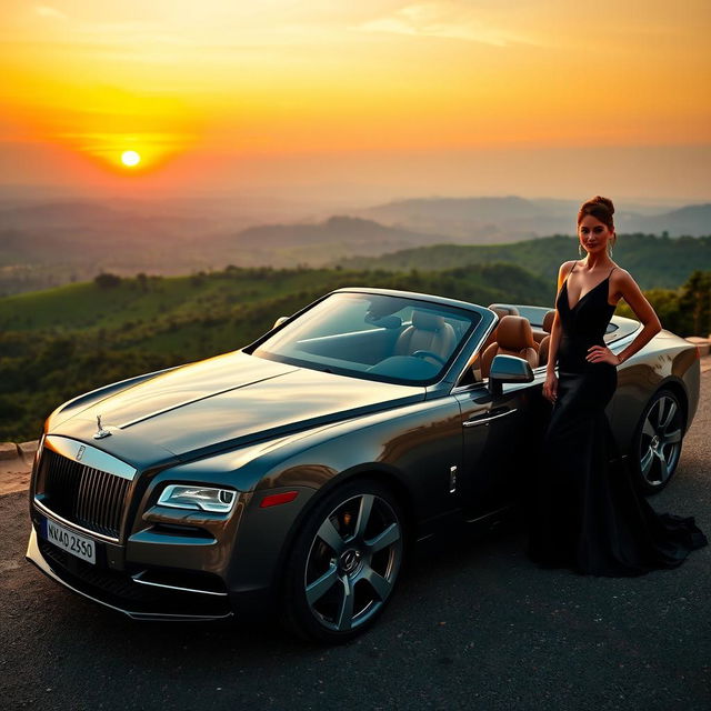 A stunning landscape format image featuring a luxurious car parked on a scenic overlook