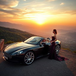 A stunning landscape format image featuring a luxurious car parked on a scenic overlook