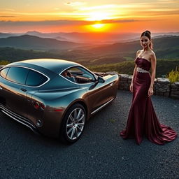 A stunning landscape format image featuring a luxurious car parked on a scenic overlook