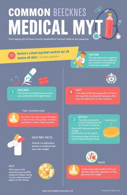 An informative infographic breaking down common medical myths, visually represented with engaging illustrations and easy-to-understand text