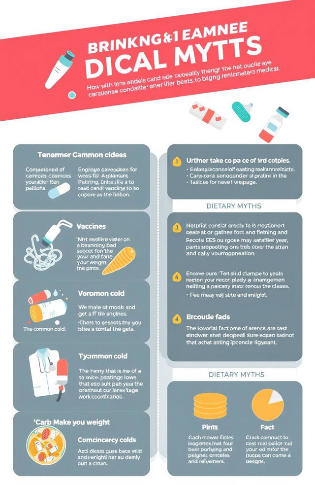 An informative infographic breaking down common medical myths, visually represented with engaging illustrations and easy-to-understand text