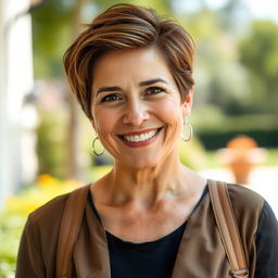 A beautiful American woman aged 40 to 45 with a trendy hairstyle, captured in full body