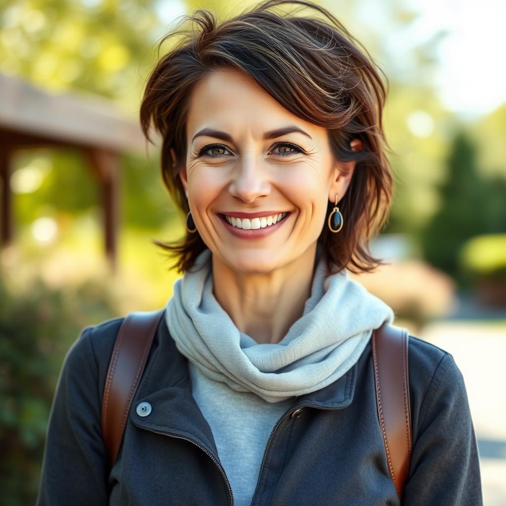 A beautiful American woman aged 40 to 45 with a trendy hairstyle, captured in full body