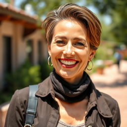 A beautiful American woman aged 40 to 45 with a trendy hairstyle, captured in full body