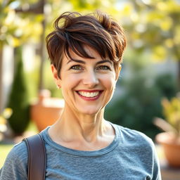 A beautiful American woman aged 40 to 45 with a trendy hairstyle, captured in full body