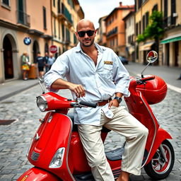 A bald man wearing a loose white linen shirt and Thai trousers strikes a confident pose next to his vibrant red Vespa scooter