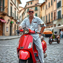 A bald man wearing a loose white linen shirt and Thai trousers strikes a confident pose next to his vibrant red Vespa scooter