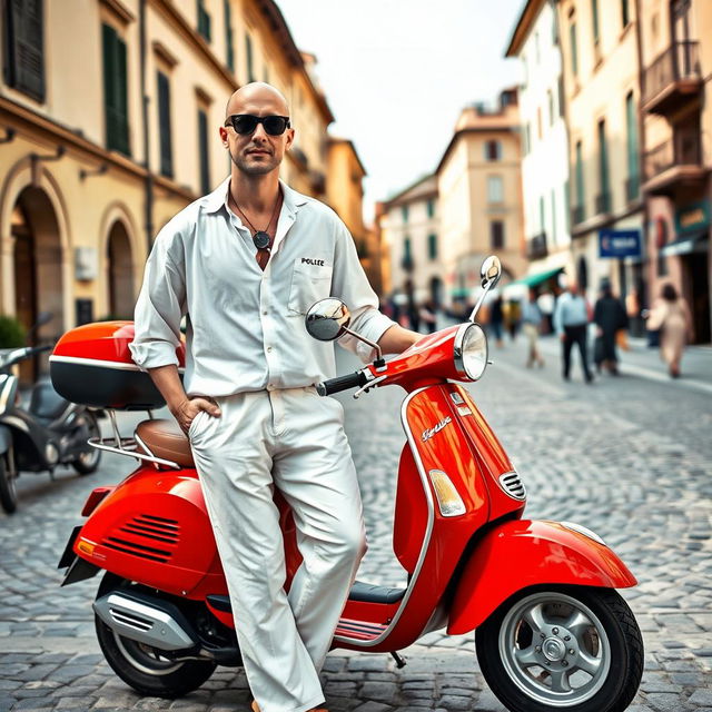 A bald man wearing a loose white linen shirt and Thai trousers strikes a confident pose next to his vibrant red Vespa scooter